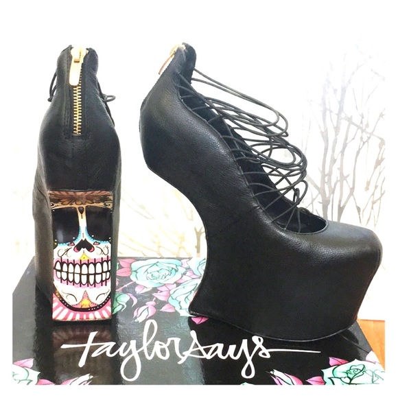 Taylor Says black leather colorful skull drawing Calavera Gravity Platform heels - Picture 8 of 8